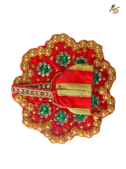 Premium Red & Green Stones Ladoo Gopal Dress with Bead & Stone Embroidery | TSB Poshak for Krishna Ji