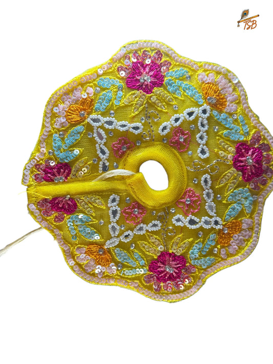 Premium Resham with Yellow Color & Pink Flowers Ladoo Gopal Dress with Bead & Stone Embroidery | TSB Poshak for Krishna Ji