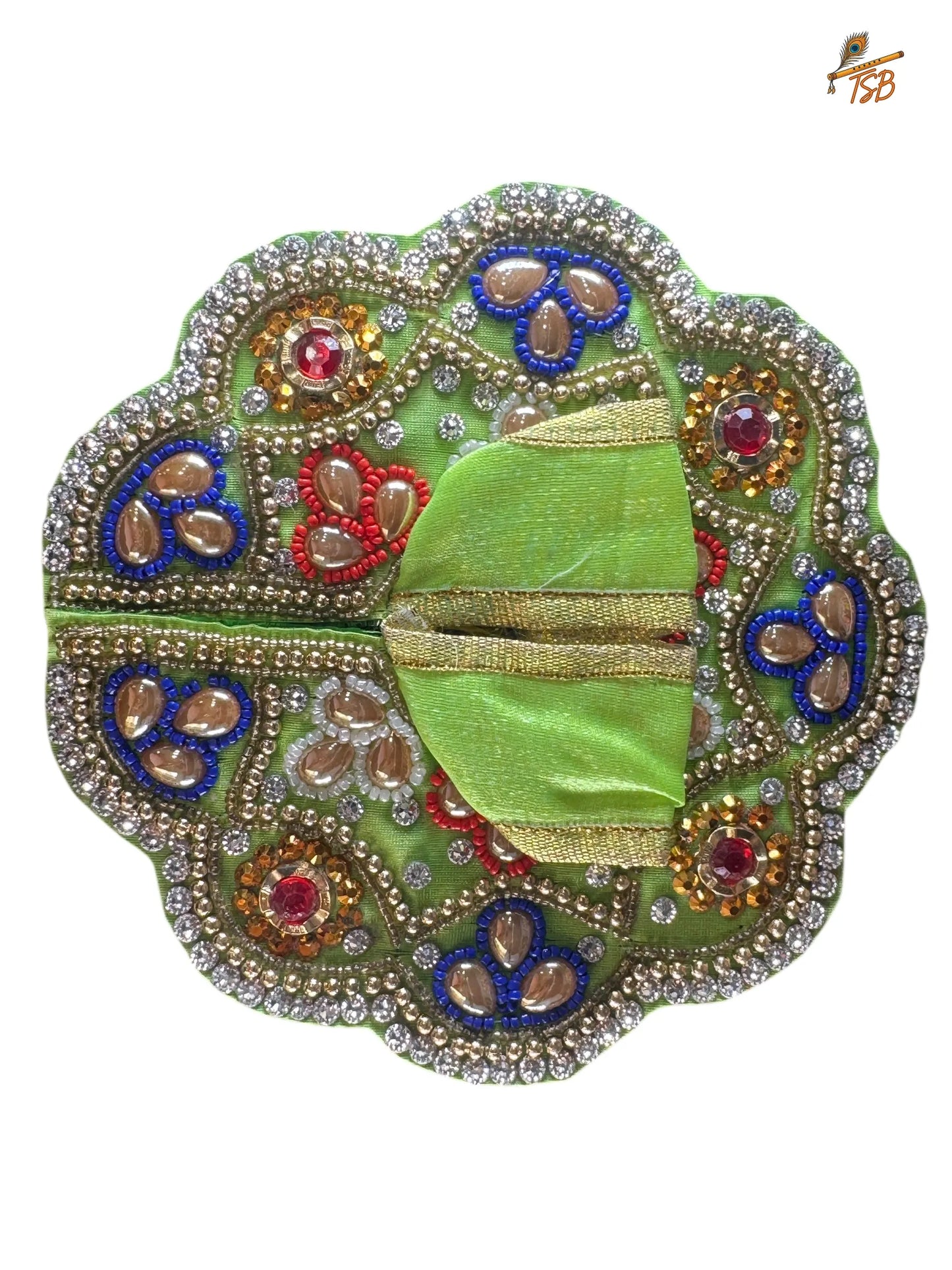 Premium Green with Pink & Blue Leafs Ladoo Gopal Dress with Bead & Stone Embroidery | TSB Poshak for Krishna Ji
