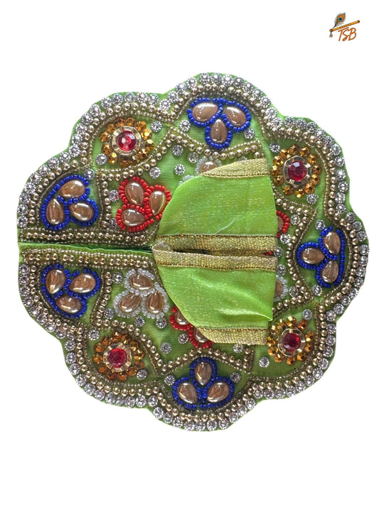 Premium Green with Pink & Blue Leafs Ladoo Gopal Dress with Bead & Stone Embroidery | TSB Poshak for Krishna Ji