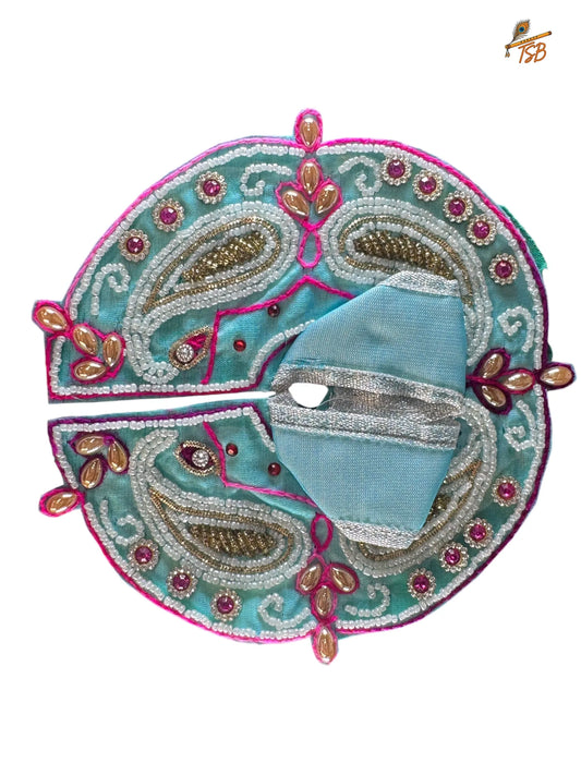 Premium Sky Blue with Pink Leaf Ladoo Gopal Dress with Bead & Stone Embroidery | TSB Poshak for Krishna Ji