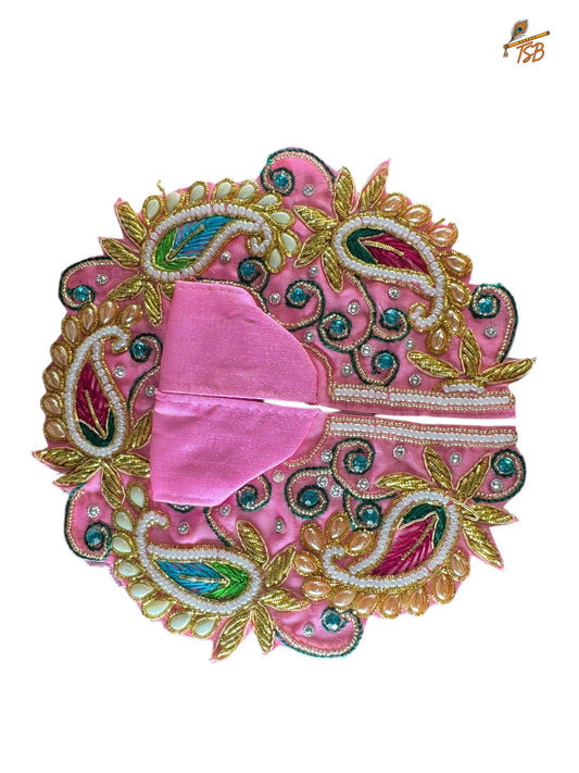 Premium Pink with Multi Color Leaf Ladoo Gopal Dress with Bead & Stone Embroidery | TSB Poshak for Krishna Ji