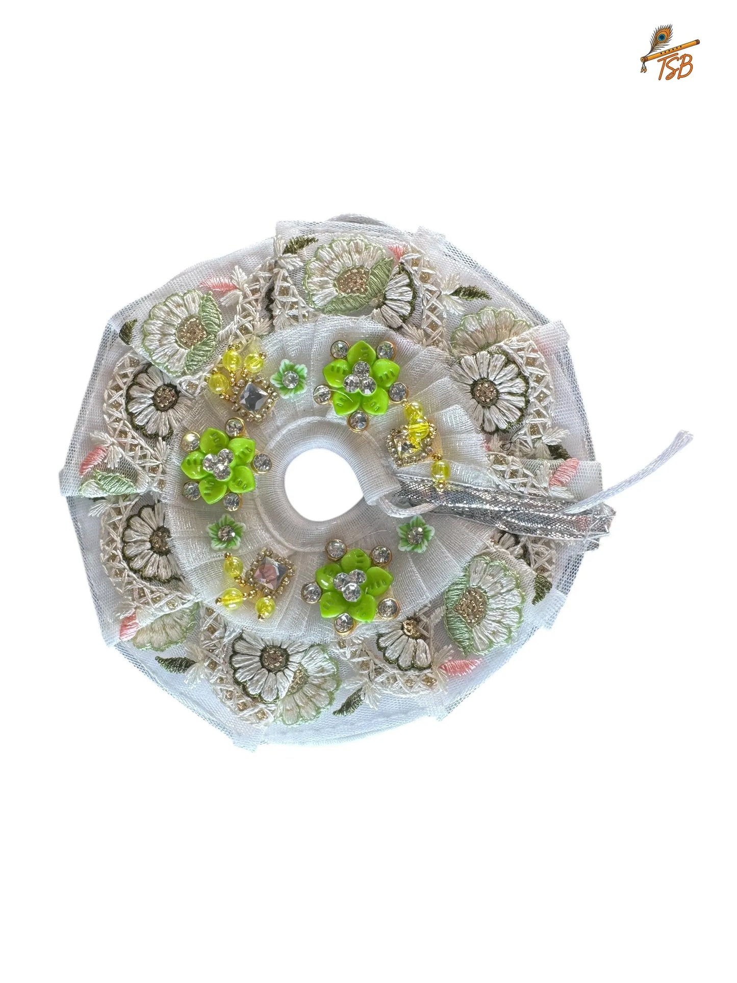 Premium White with Green Ladoo Gopal Dress with Bead & Stone Embroidery | TSB Poshak for Krishna Ji