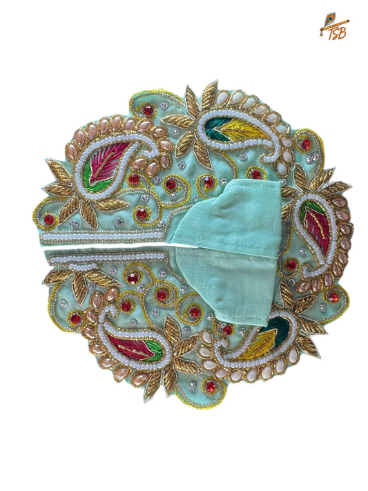 Premium Sky Blue in Leafs in Round Ladoo Gopal Dress with Bead & Stone Embroidery | TSB Poshak for Krishna Ji